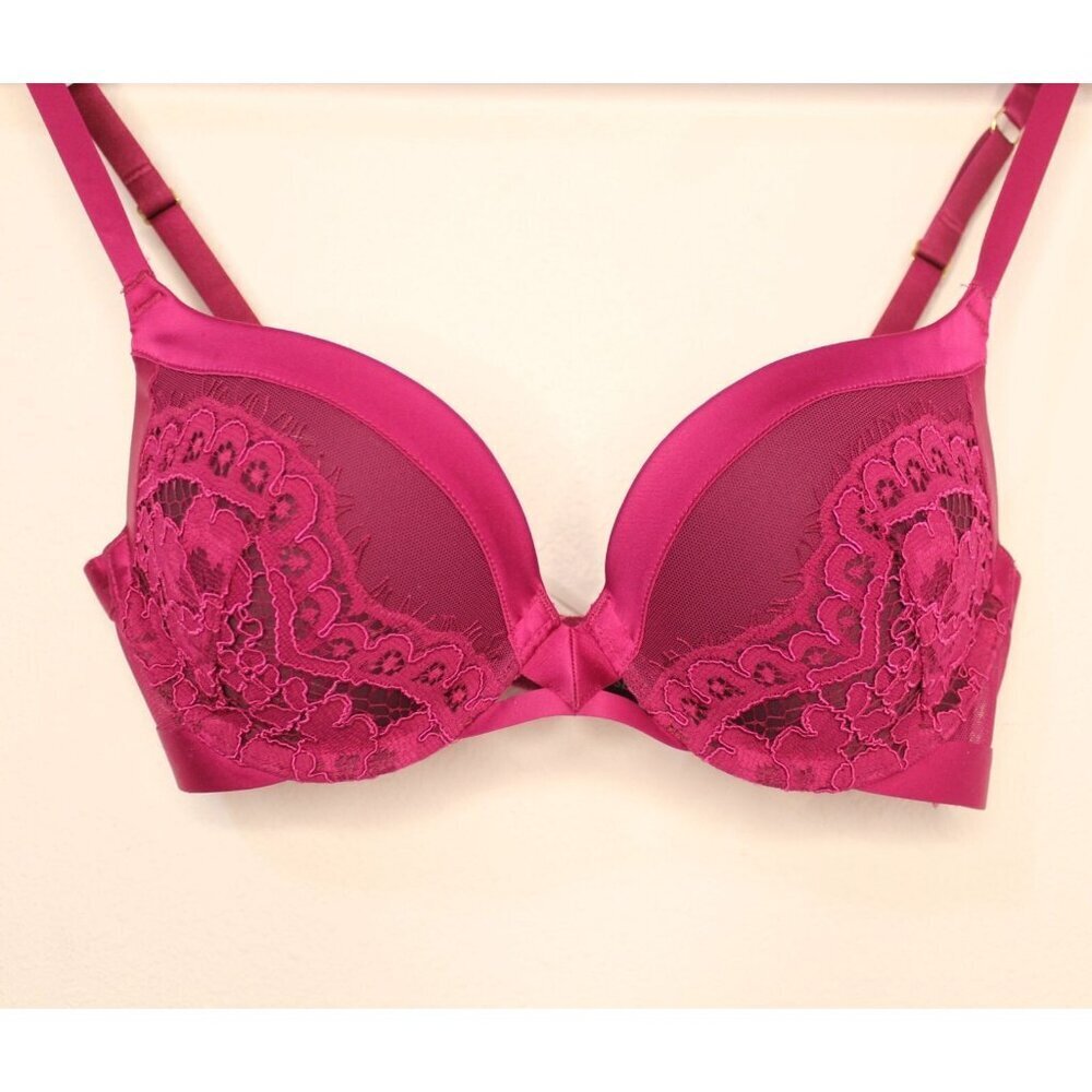 Victoria's Secret‎ Very Sexy 32C Bra Push Up Magenta Satin Lace Padded Underwire